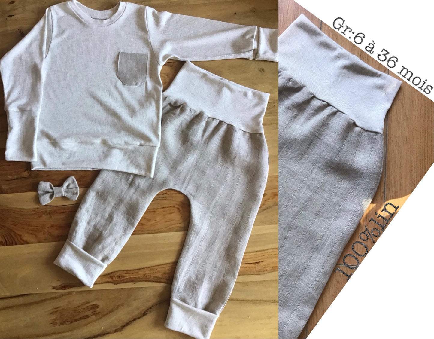 Ensemble Sarouel en lin et hoodie gr:6 à 36 mois prêt à partir par couturière Rosemont Créations France Beauregard