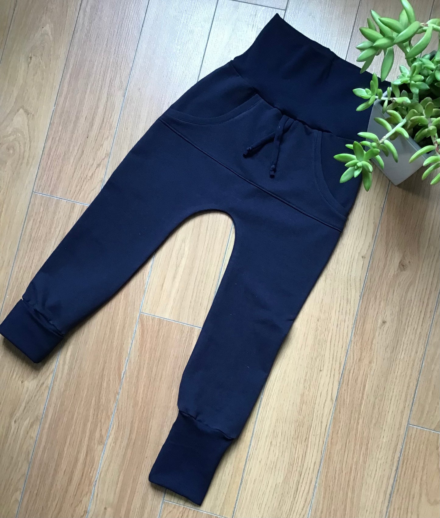 Navy blue harem pants with kangaroo pocket